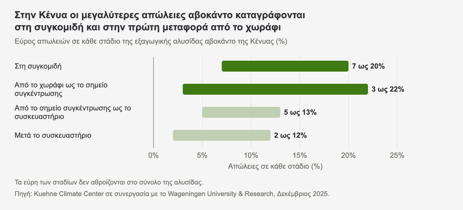 Διάγραμμα με το εύρος των απωλειών αβοκάντο σε κάθε στάδιο της εξαγωγικής αλυσίδας της Κένυας: 7 ως 20% στη συγκομιδή, 3 ως 22% από το χωράφι ως το σημείο συγκέντρωσης, 5 ως 13% ως το συσκευαστήριο και 2 ως 12% μετά από αυτό