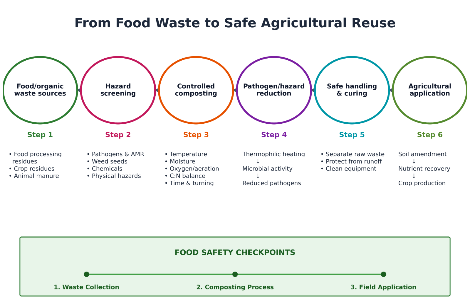 Six-step diagram of the pathway from food waste to safe reuse on the farm, from waste sources to field application, with food safety checkpoints at collection, composting and application