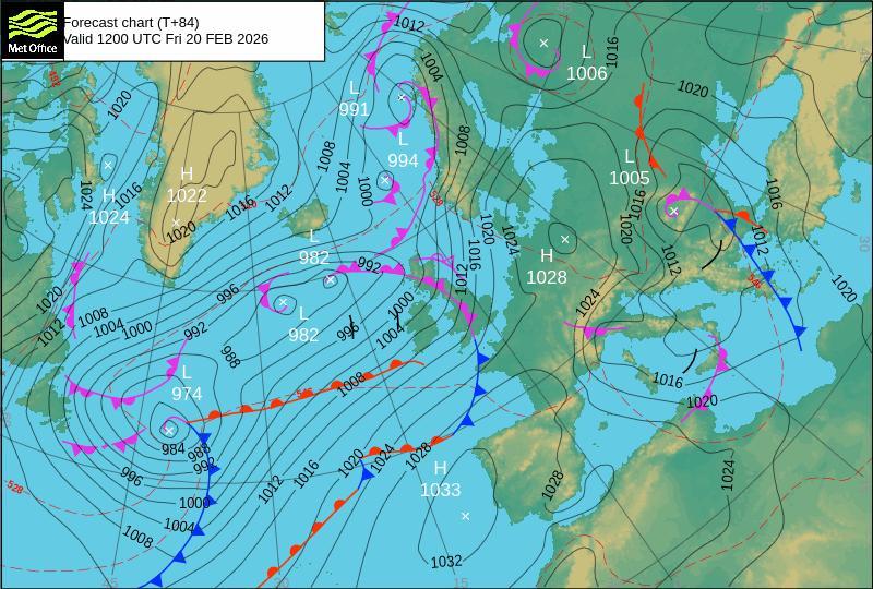 Met Office surface pressure forecast chart covering the North Atlantic and Europe, showing high and low pressure centres, isobars, and warm, cold and occluded fronts