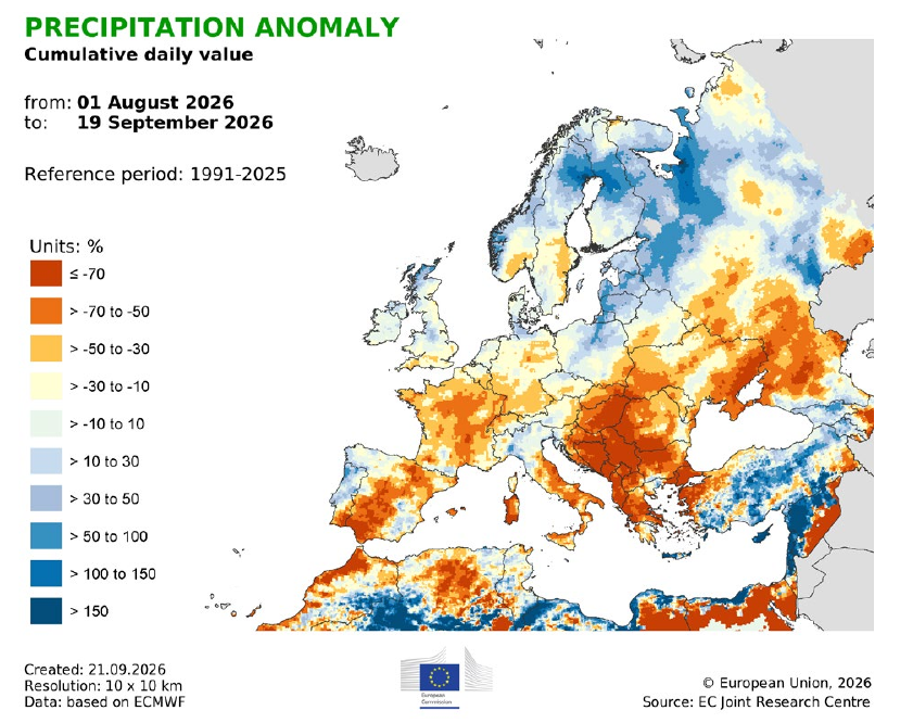JRC map of cumulative precipitation anomaly across Europe from 1 August to 19 September 2026 against the 1991 to 2025 average
