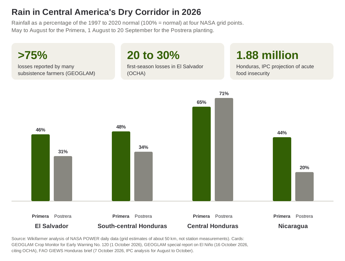 Rain in 2026 as a percentage of normal at four points in Central America's Dry Corridor, for the Primera and for the Postrera planting