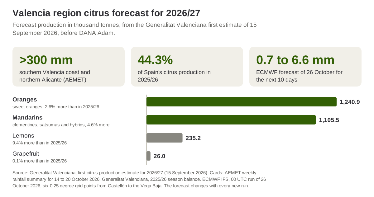 Forecast production of oranges, mandarins, lemons and grapefruit in the Valencia region for 2026/27