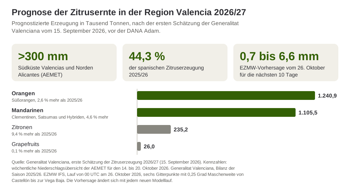 Prognostizierte Erzeugung von Orangen, Mandarinen, Zitronen und Grapefruits in der Region Valencia 2026/27