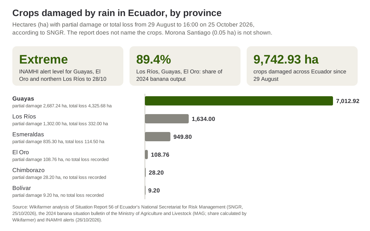 Hectares of crops damaged by rain in Ecuador by province, 29 August to 25 October 2026, according to SNGR