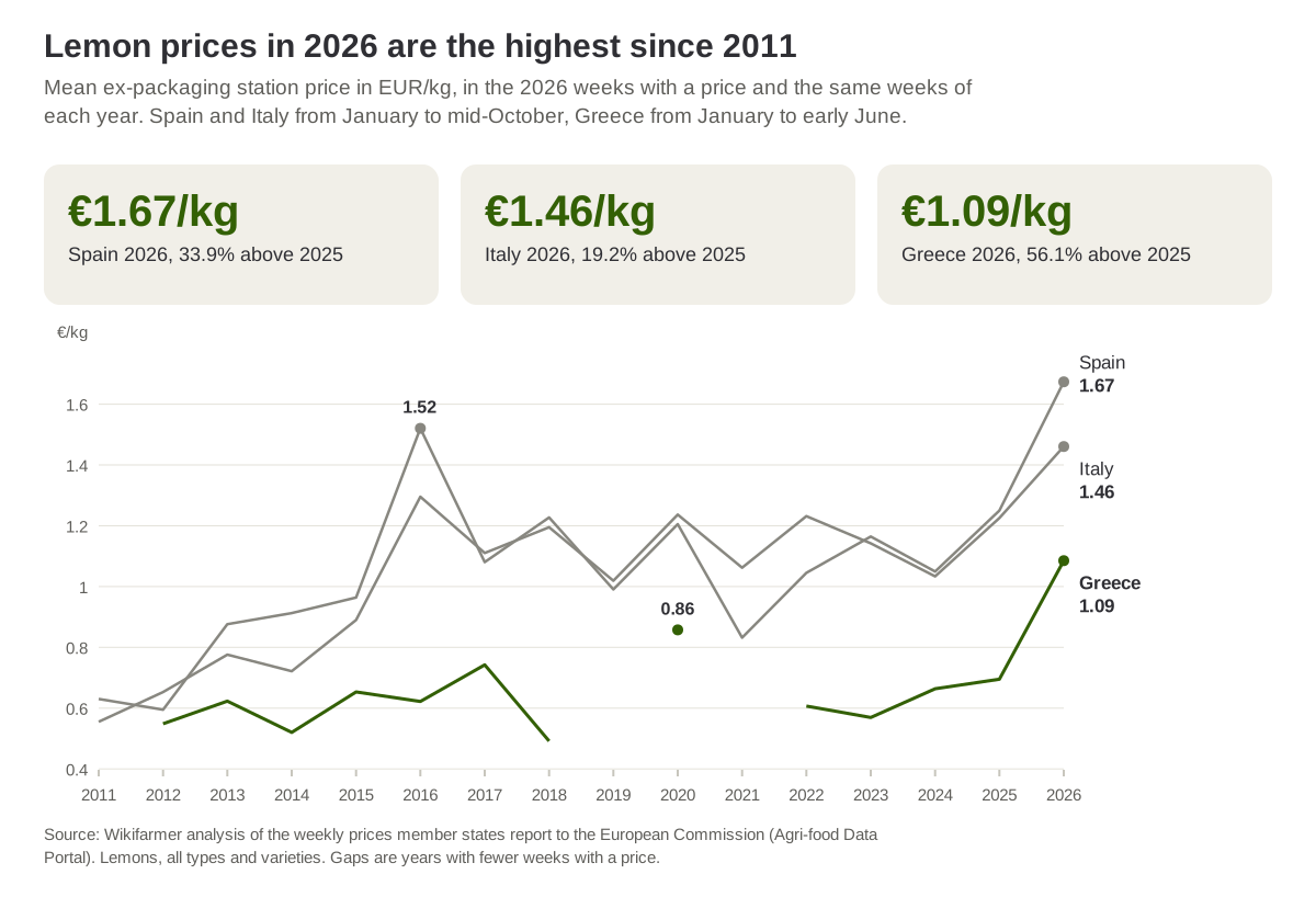Average ex-packaging station price of lemons in the 2026 weeks with a price and the same weeks of each year since 2011, in Spain, Italy and Greece