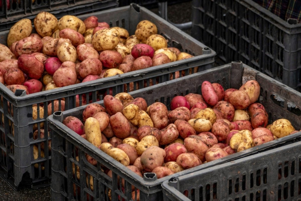 Freshly harvested red and yellow potatoes in plastic crates