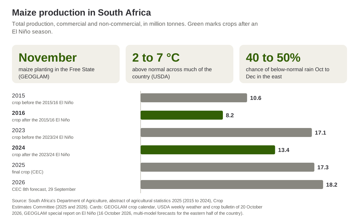 Maize production in South Africa in seasons with and without El Niño, from 2015 to the 2026 forecast
