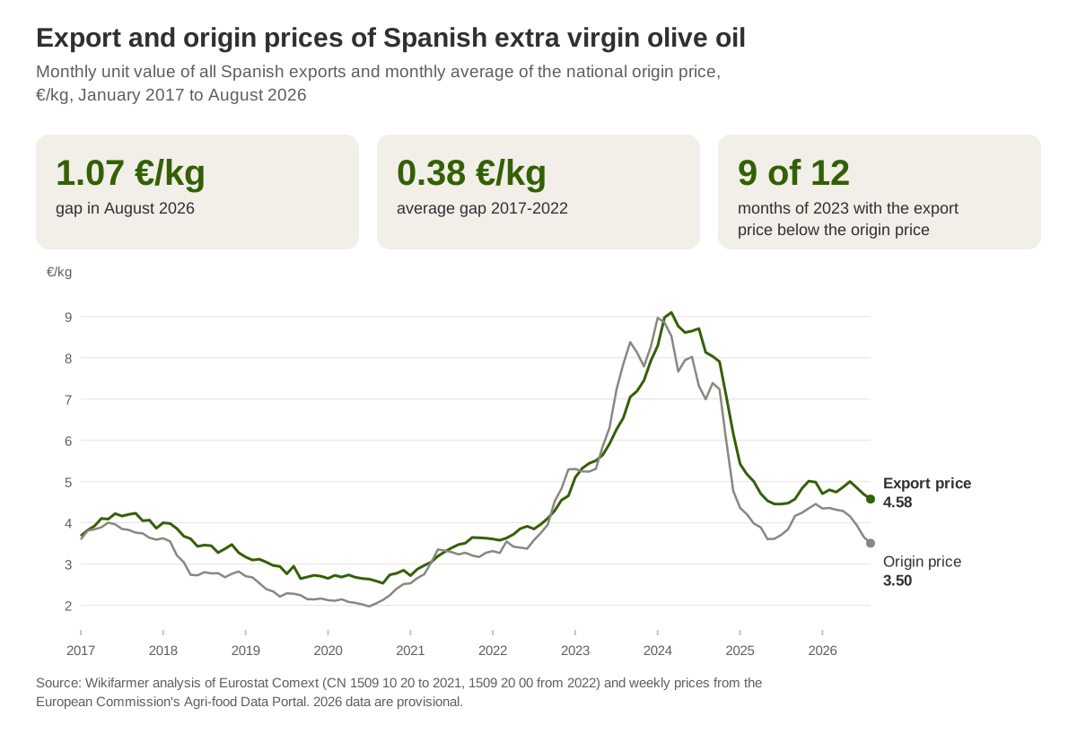 Monthly export price and origin price of Spanish extra virgin olive oil, January 2017 to August 2026