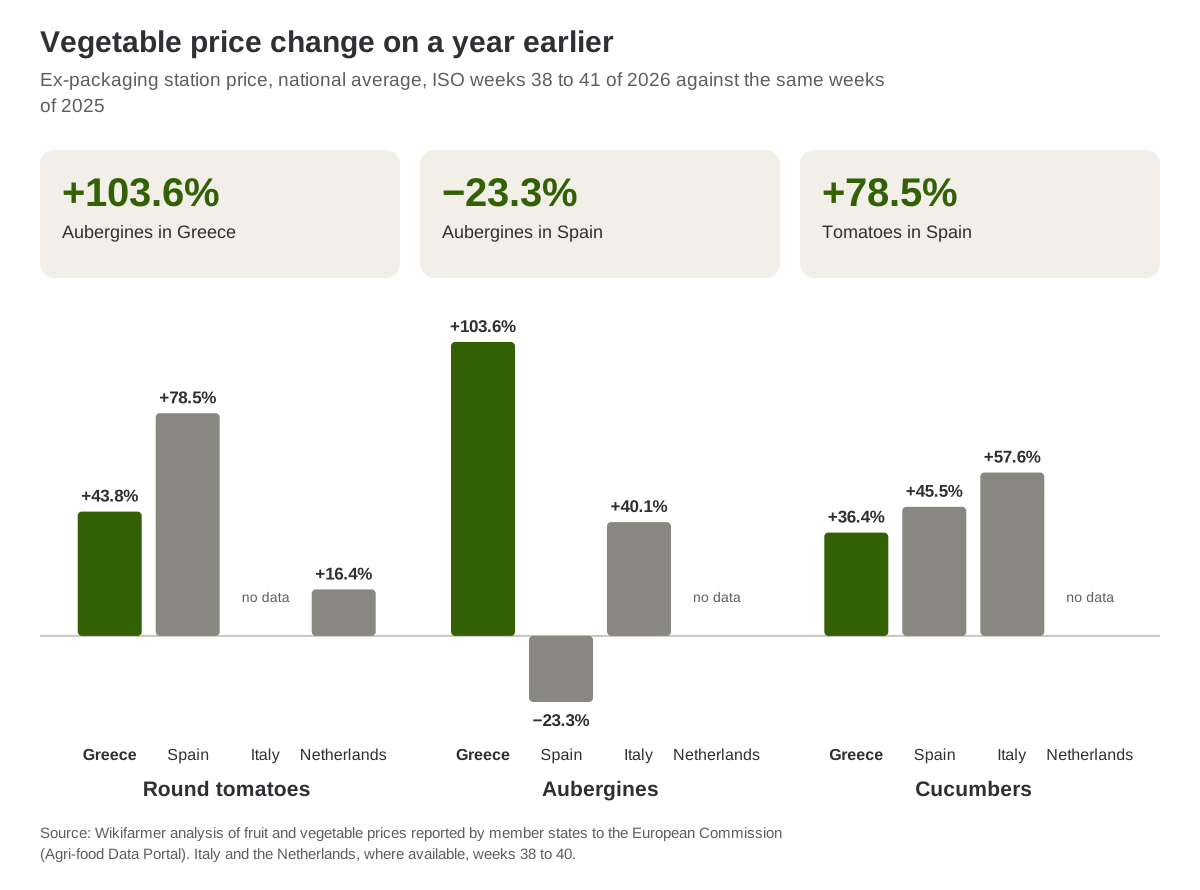 Change in the ex-packaging station price of tomatoes, aubergines and cucumbers in Greece, Spain, Italy and the Netherlands, weeks 38 to 41 of 2026 against 2025