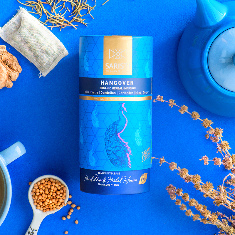 SARISTI Hangover Organic Herbal Tea Blend , Golden Edition , Carton Cylinder