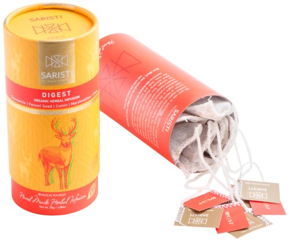 SARISTI Digest Organic Herbal Tea Blend, Golden Edition, Carton Cylinder