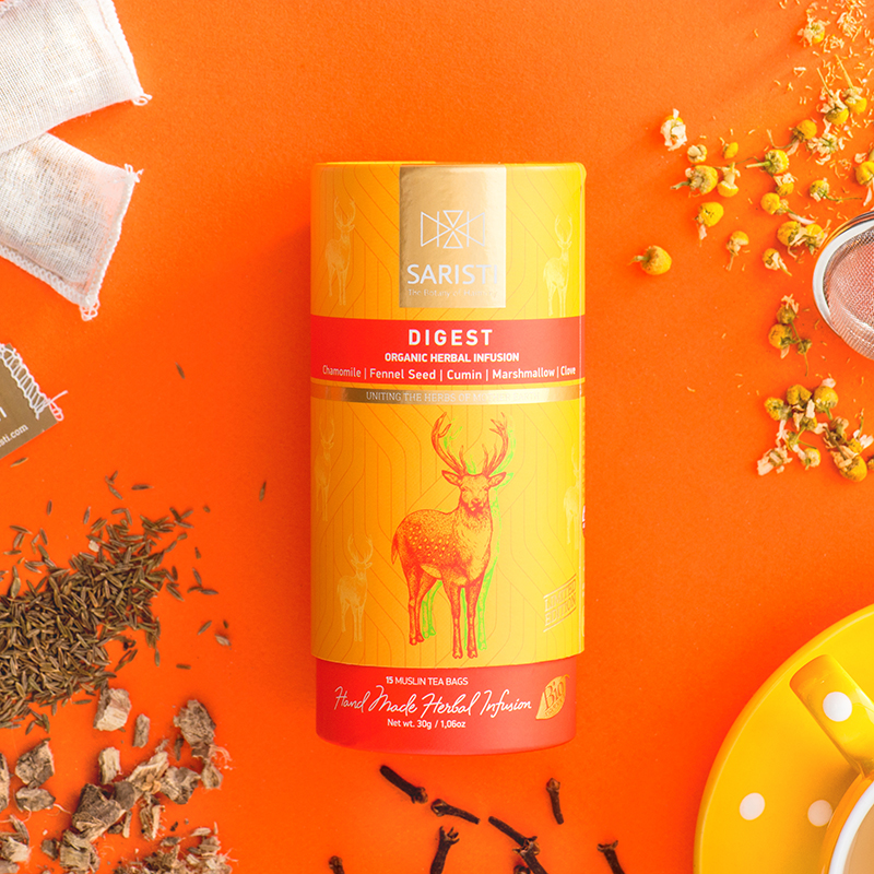 SARISTI Digest Organic Herbal Tea Blend, Golden Edition, Carton Cylinder