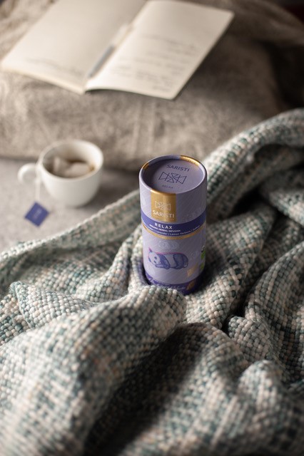 SARISTI Relax Organic Herbal Tea Blend , Golden Edition , Carton Cylinder