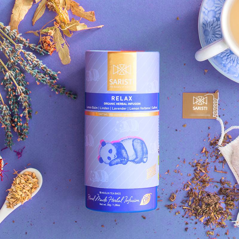 SARISTI Relax Organic Herbal Tea Blend , Golden Edition , Carton Cylinder