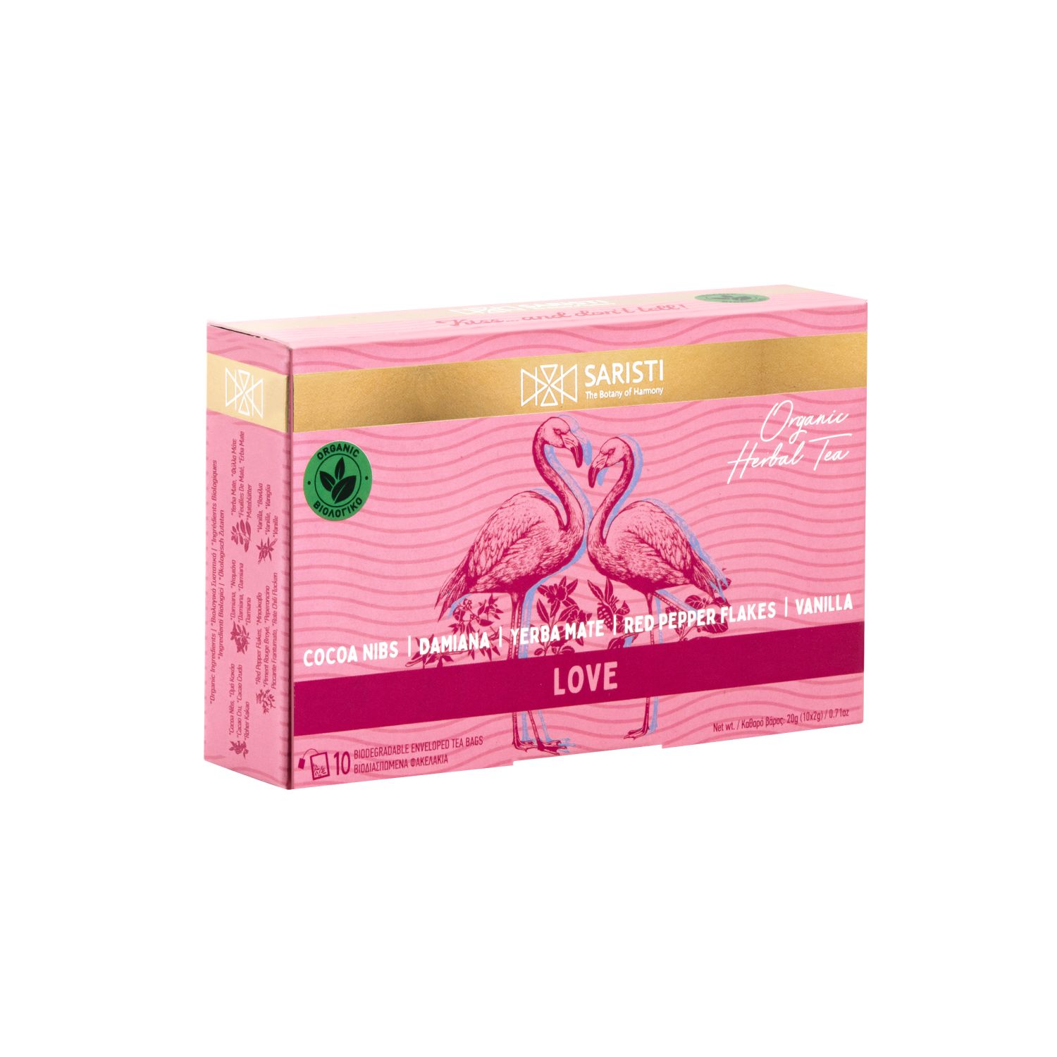SARISTI Love Organic Herbal Tea Blend, Box 10 Single Wrapped tea bags