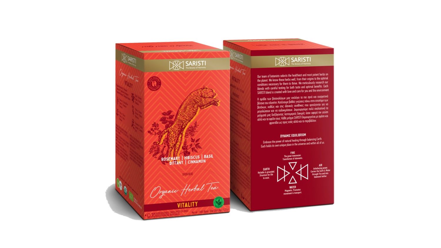 SARISTI Vitality Organic Herbal Tea Blend, Box 20 Single Wrapped tea bags