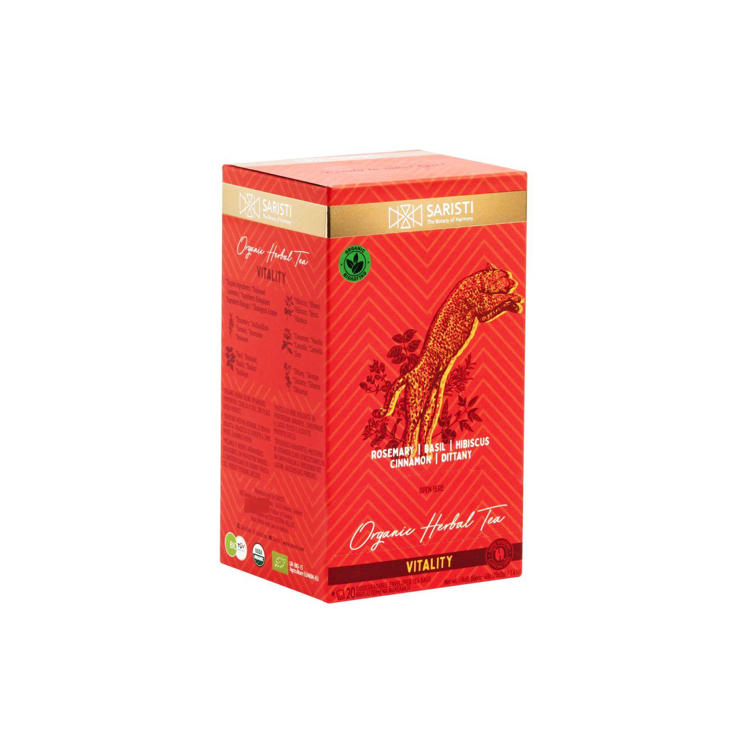 SARISTI Vitality Organic Herbal Tea Blend, Box 20 Single Wrapped tea bags