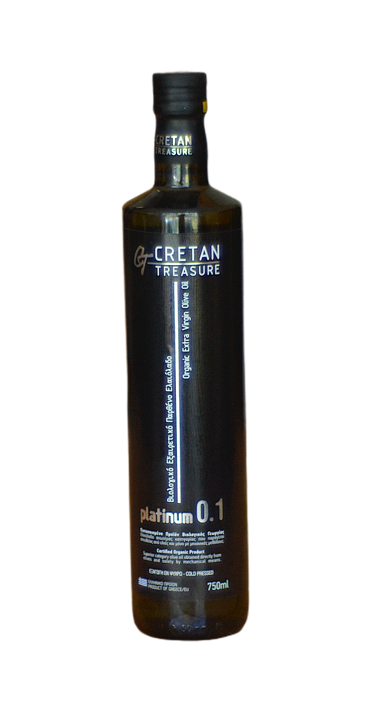 Organic extra virgin olive oil glass bottle 750ml Cretan Treasure Platinum 0.1