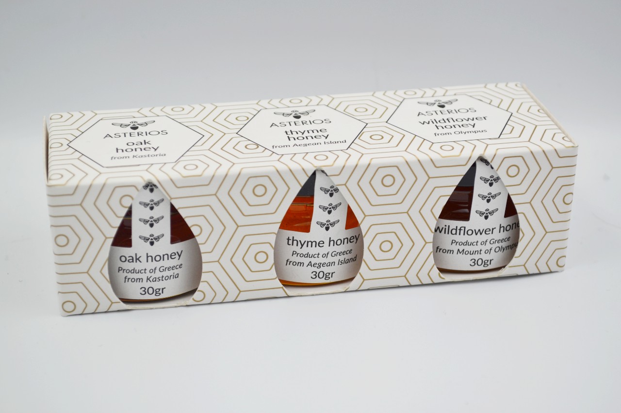 Gift Box 3pcs with Honey of 30gr/piece. Oak, Thyme and Wildflower