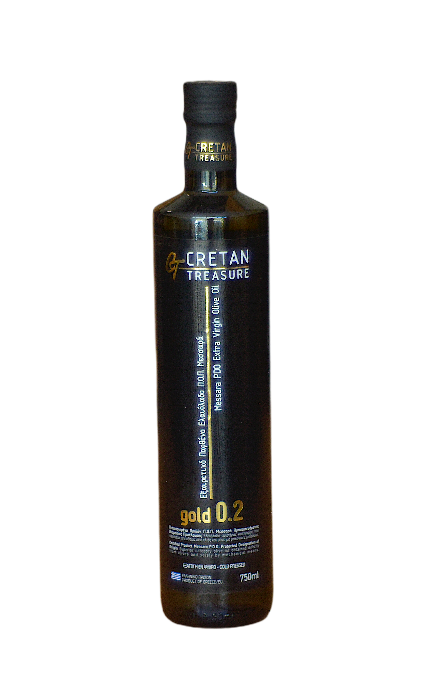 extra virigin olive oil glass bottle 750 ml Cretan Treasure Gold 0.2 PDO Messara