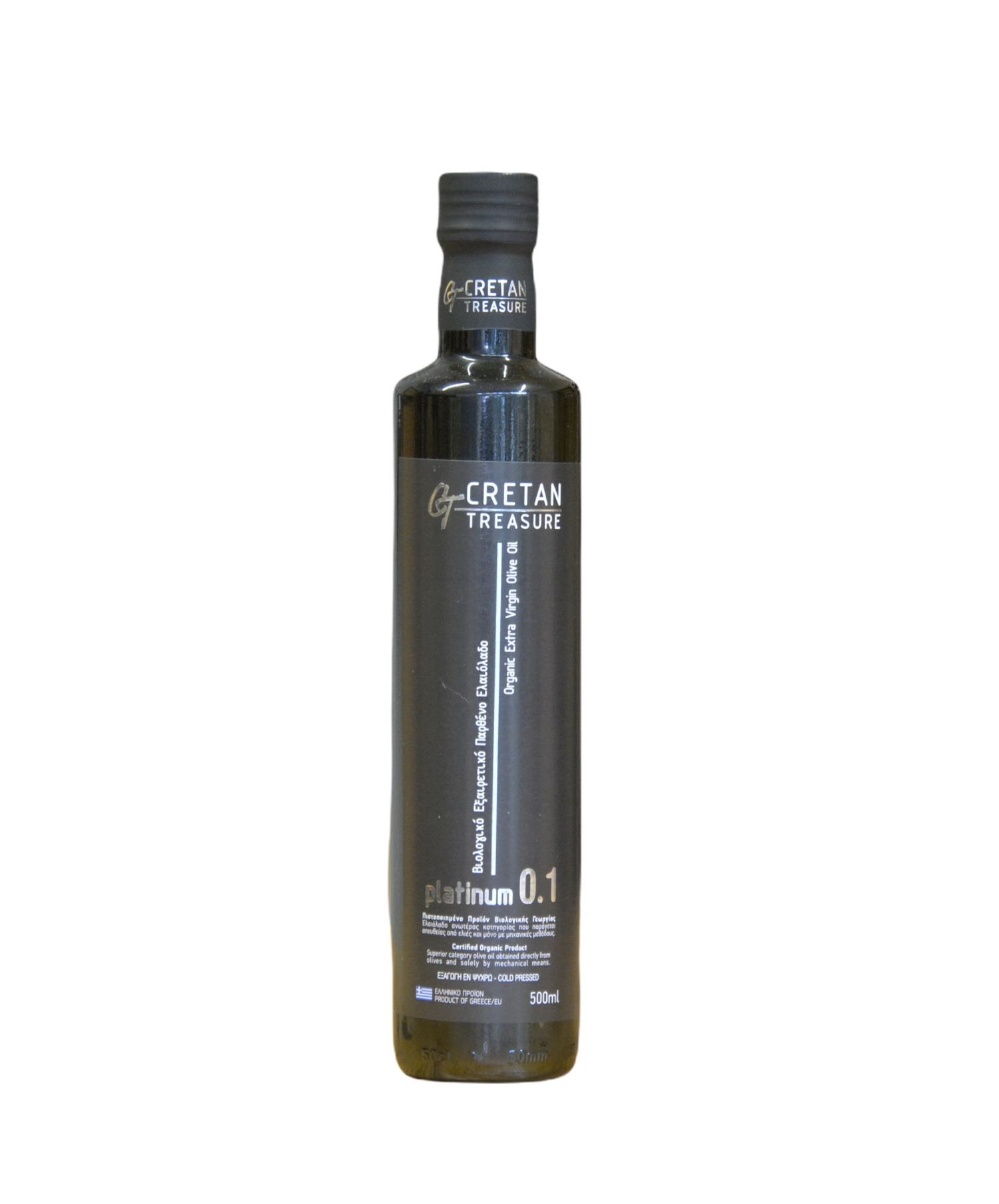 Organic extra virgin olive oil glass bottle 500ml Cretan Treasure Platinum 0.1