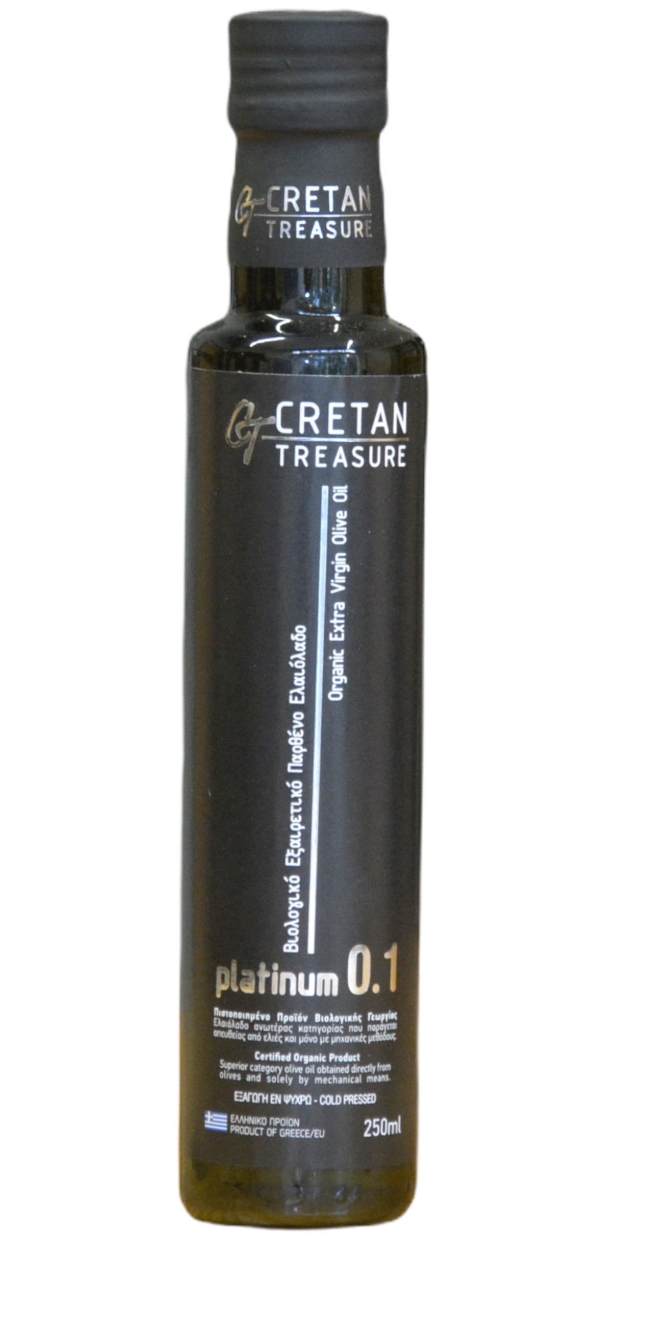 Organic extra virgin olive oil glass bottle 250ml Cretan Treasure Platinum 0.1