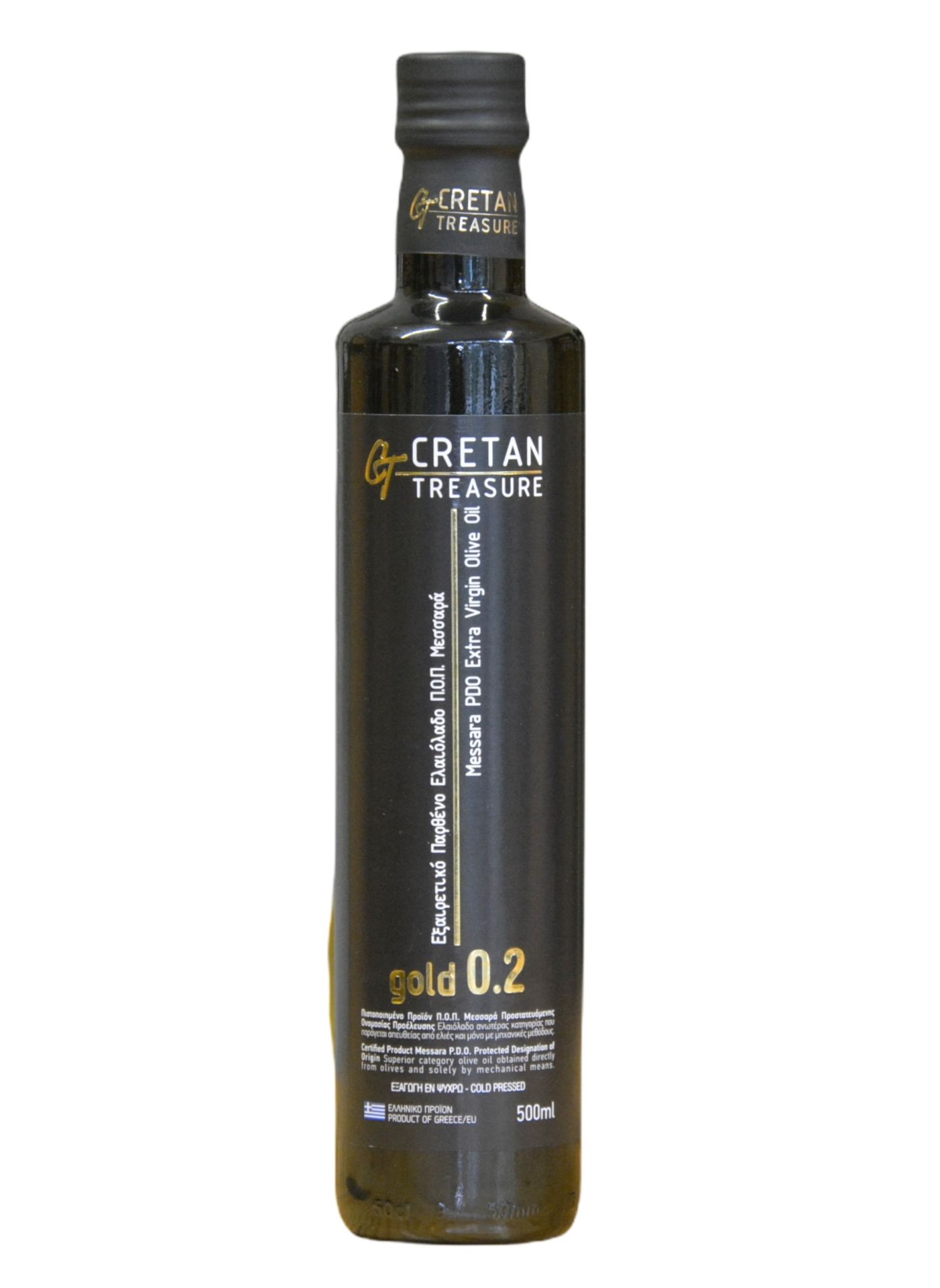 extra virigin olive oil glass bottle 500 ml Cretan Treasure Gold 0.2 PDO Messara