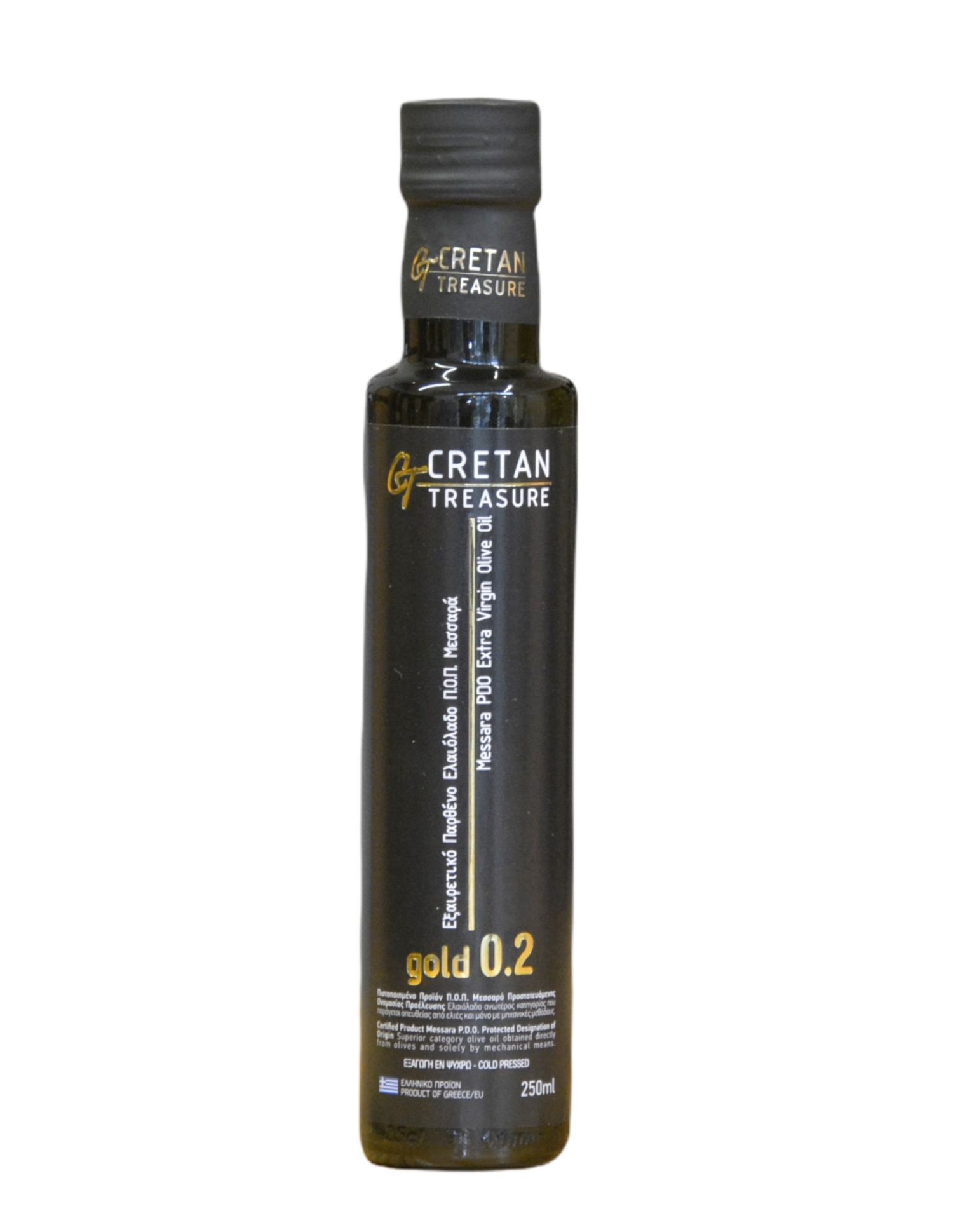 extra virigin olive oil glass bottle 250 ml Cretan Treasure Gold 0.2 PDO Messara