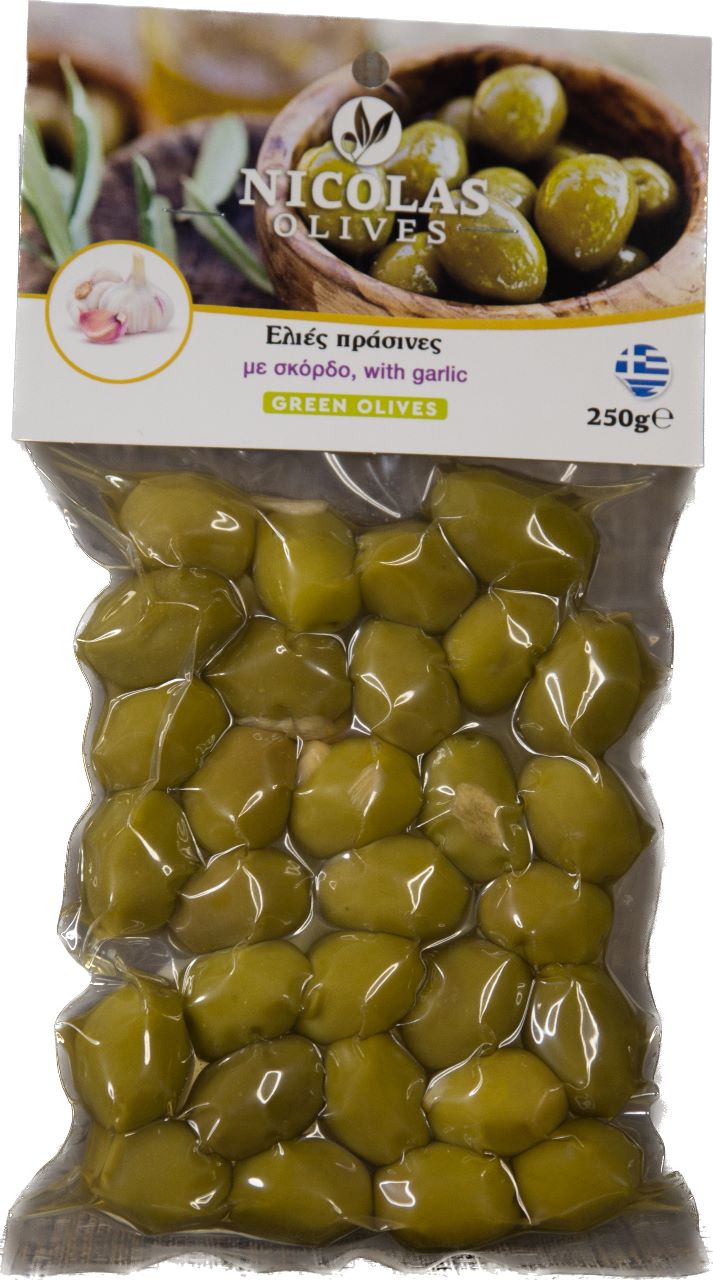 Green Olives with garlic in Vacuum Packaging 250gr