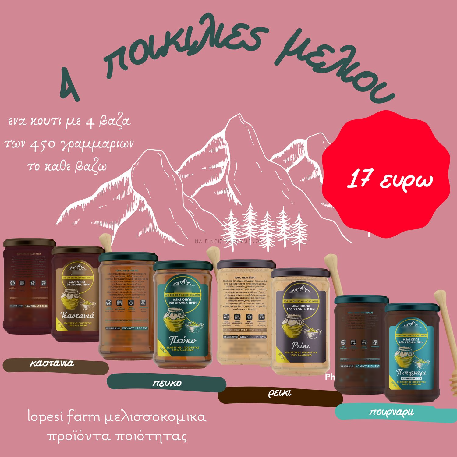 package of 4 types of honey, each jar of 450 grams - heather honey, holly Honey , chestnut Honey , pine honey