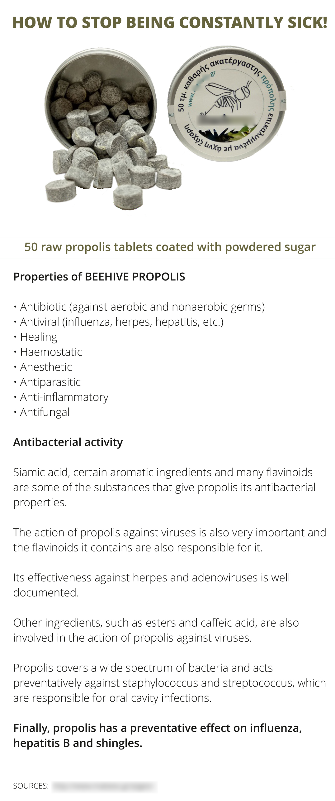 Propolis tablets. 50 propolis tablets, net weight 13.7 grams.
