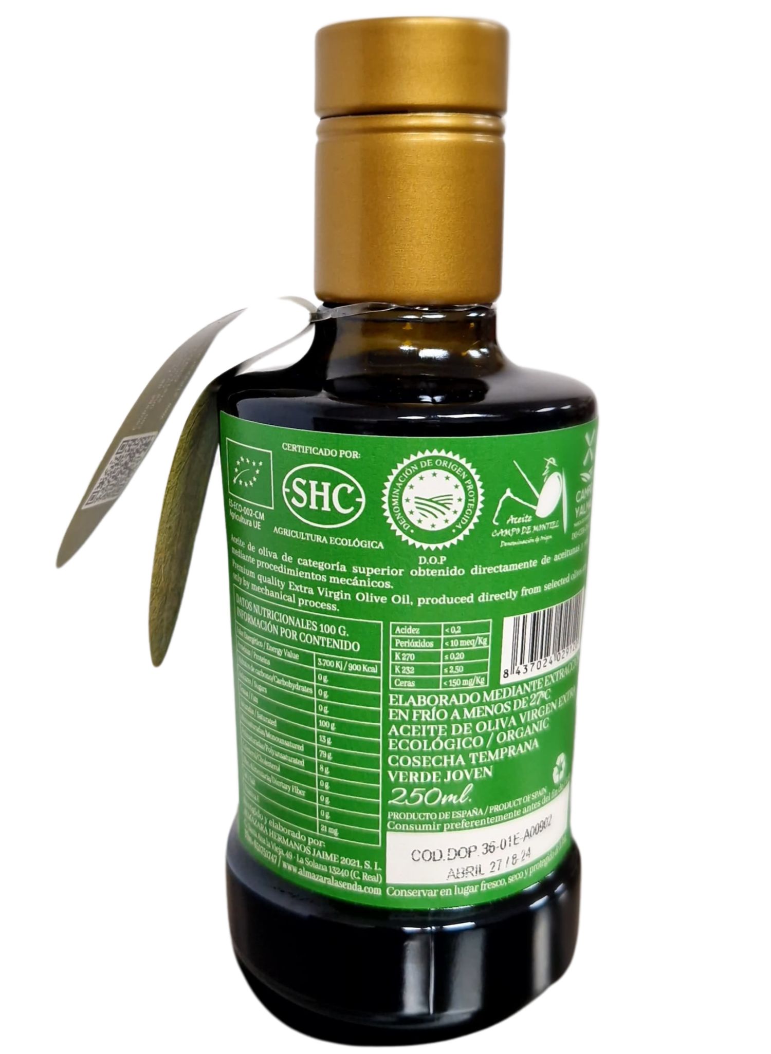 Extra Virgin Olive Oil, Organic - Early Harvest Green Young - 250ml glass bottle