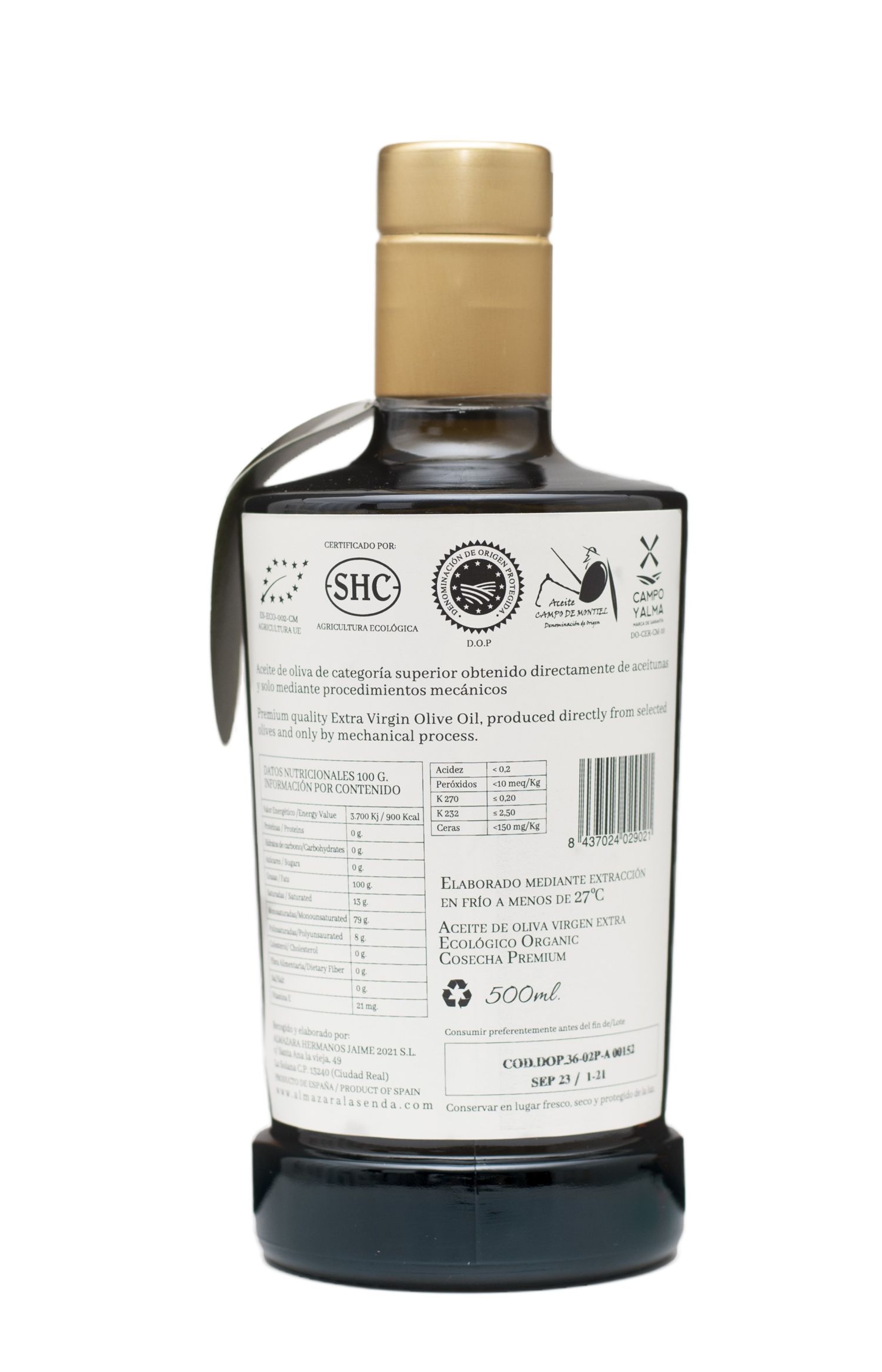 PREMIUM ORGANIC EXTRA VIRGIN OLIVE OIL ORO LA SENDA ALMAZARA IN 500 ML GLASS BOTTLE