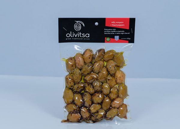 Spicy green Olives with colorful peppers Super Mammouth vaccum 500gr