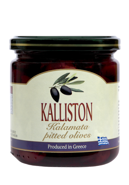 Authentic Greek black olives pitted 400ml glass