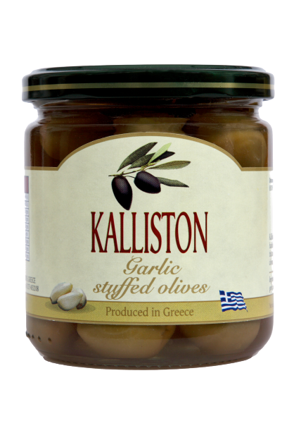 Authentic Greek green olives garlic stuffed KALLISTON 400ml glass