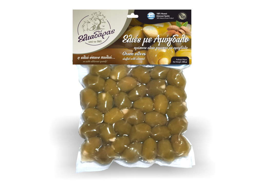 Green Olives Stuffed with Almond in a vacuum bag, net weight 250g