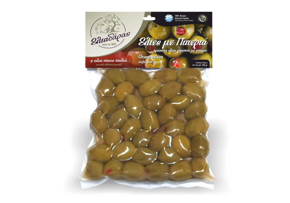 Green Olives Stuffed with Pepper in a vacuum bag, net weight 250g