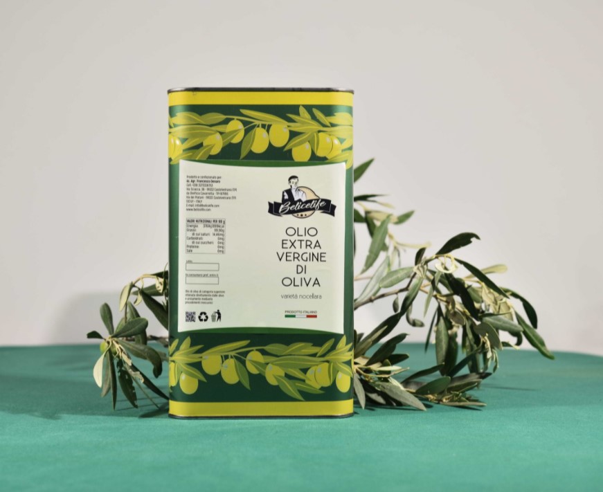 Nocellara del Belice extra virgin olive oil produced in Sicily, 5 litre tin