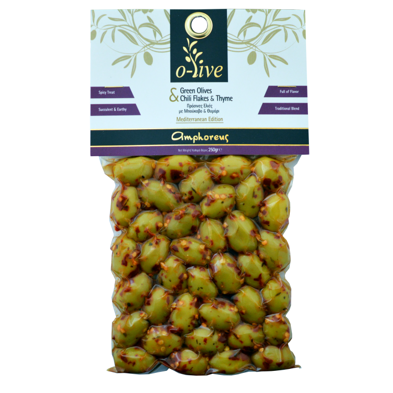 GREEN OLIVES WITH CHILI FLAKES & THYME 250GR