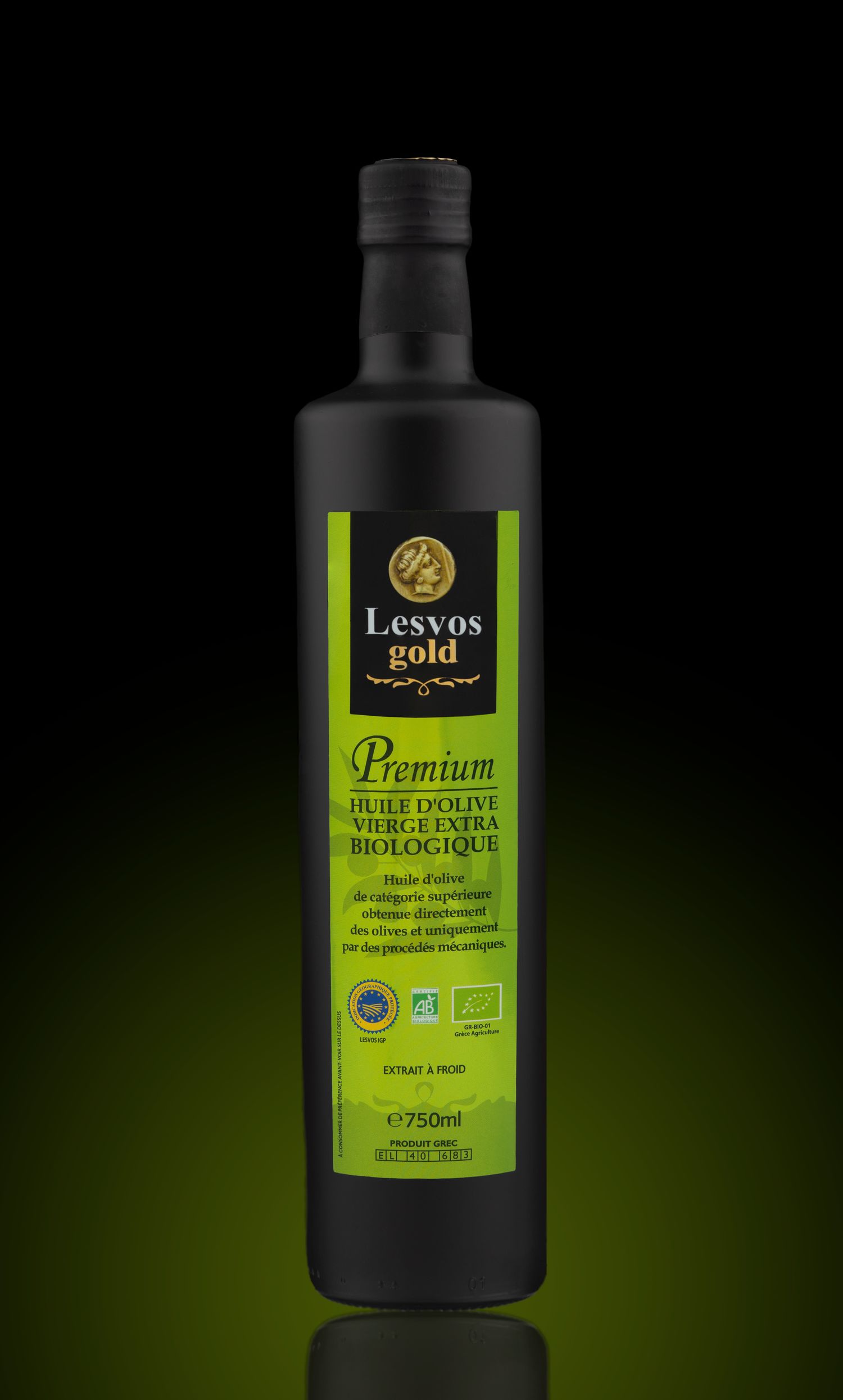 Lesvos Gold® Premium Organic Extra Virgin olive oil Protected Geographical Indication - Packed in 750ml Black painted round Bottles