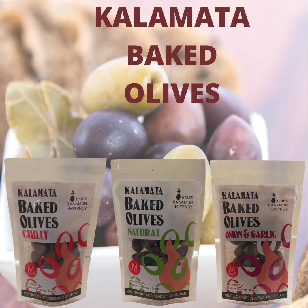Kalamata Baked Olives - Chili. - Doy pack 25g
