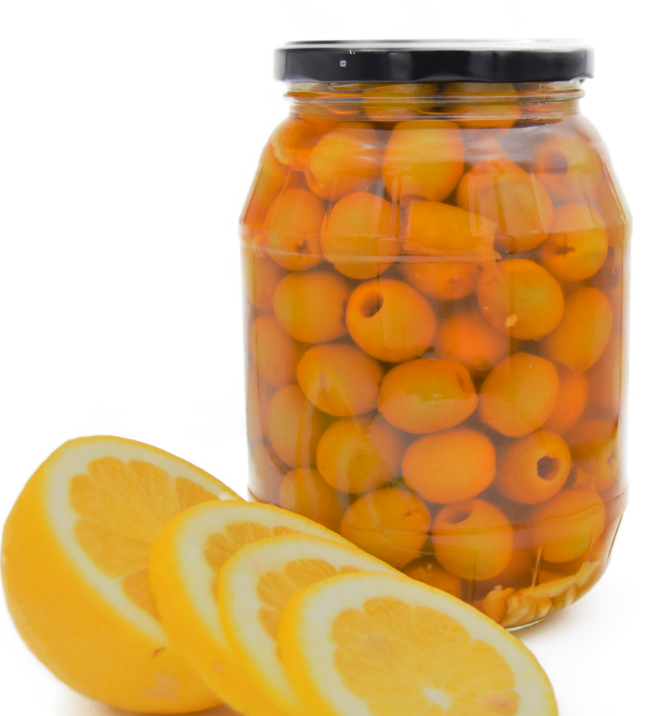 Pitted manzanilla table olives, natural lemon flavor or spicy. Jar 1 kilo