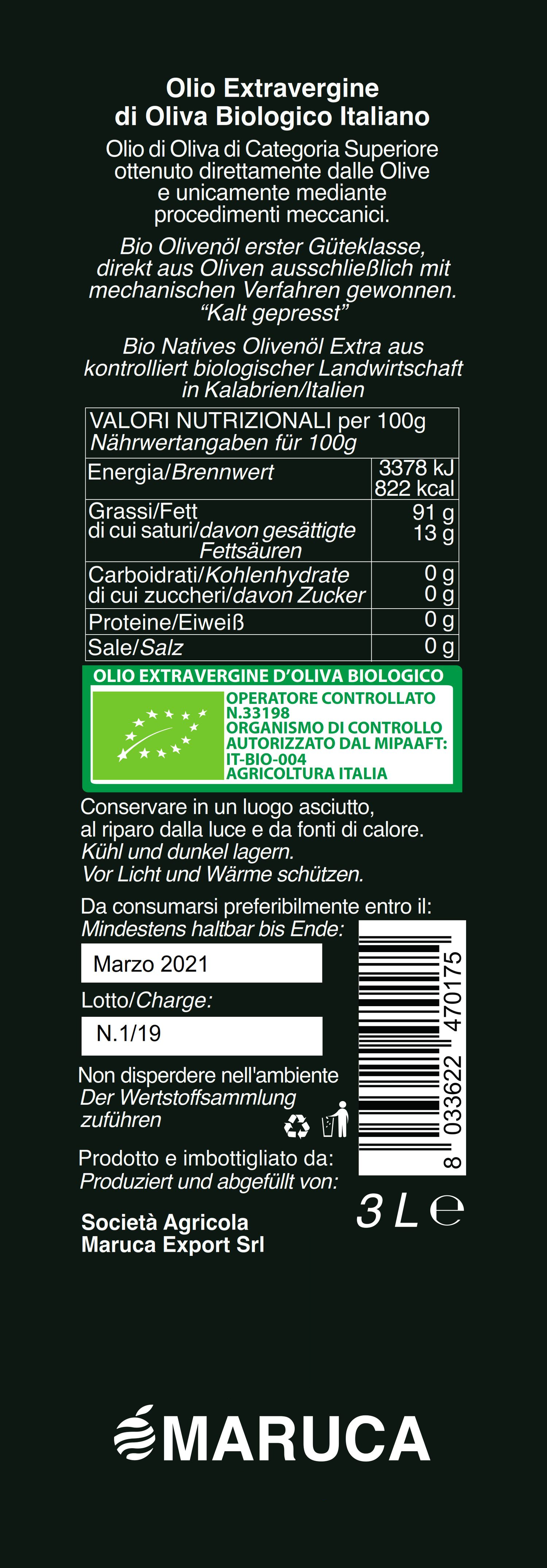Organic Extra Virgin Olive Oil tank 3 L