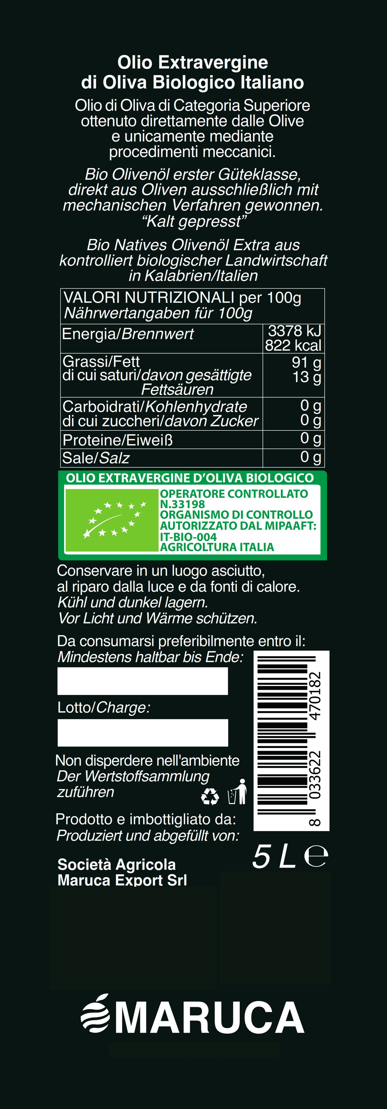 Organic extra virgin olive oil, 5 litre metal tin can