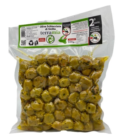 Crushed Nocellara olives flavoured with dried herbs - in extra virgin olive oil - plastic bag net weight 250 g