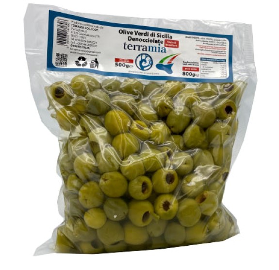 Pitted sweet olives in brine Nocellara variety 500 g net weight