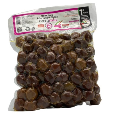 Oven-baked Nocellara black olives in brine - water and salt method - in a plastic bag - net weight 250 g