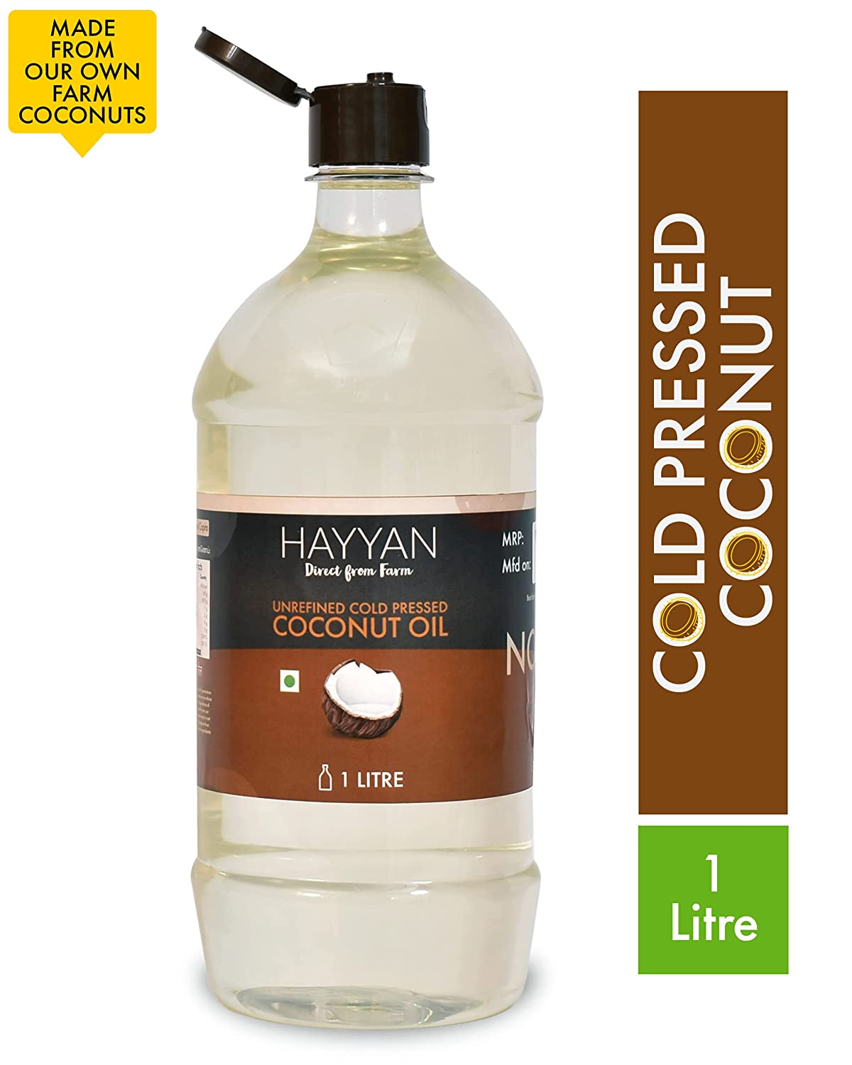 Cold Pressed Coconut Oil - Own Farm Unrefined for Cooking, Skin, Hair & Baby massage (Chekku/Ghani) - 1 Litre