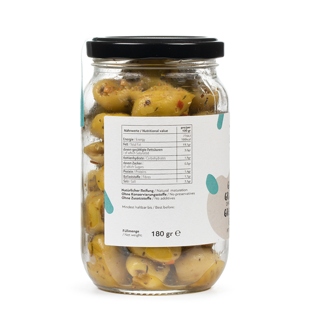 Grilled Green Olives, organic, 6 jars x 180 gr